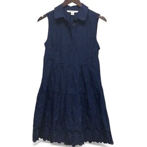 DVF Navy Eyelet Mini Dress Size 6 Sleeveless Collared Cotton Tiered